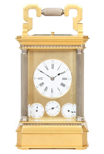 A French gilt and silvered Anglaise striking and alarm travel clock with calendar, circa 1870.